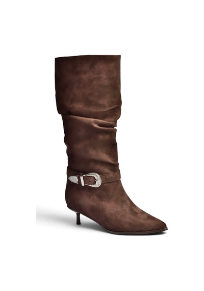 Fox Shoes Z726105702 Kahverengi Süet İnce Topuklu Büzgülü Kadın Çizme