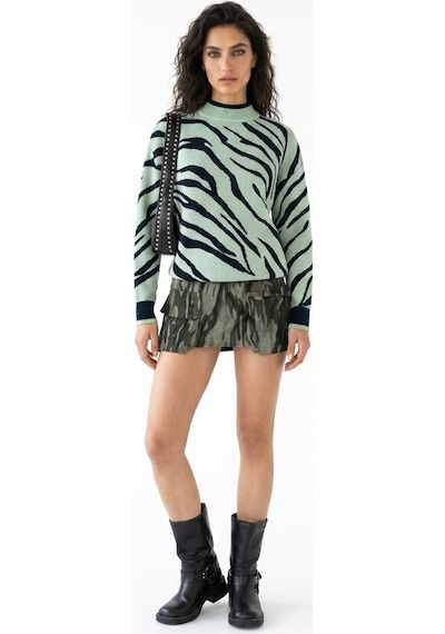 Neden Tekstil Kadın Premium Dik Yaka Zebra Desenli Triko Kazak - Mint-laci