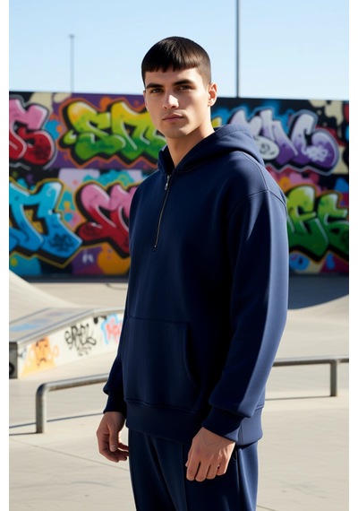 Benerly Erkek Kapüşonlu Fermuarlı Düşük Kol Uzun Kollu Kalıp Sweatshirt F Lacivert