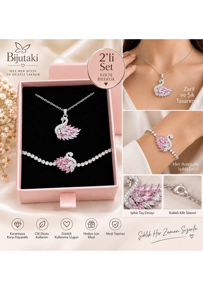 Bijutaki Pembe Taşlı Kuğu Figürlü Kolye Ve Bileklik Seti Gümüş Renk 2 Li Takı Seti