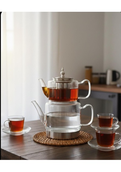 İndüksiyon Tabanlı Borosilikat Cam Çaydanlık Takımı 500 Ml Demlik 1800 Ml Suluk Şeffaf