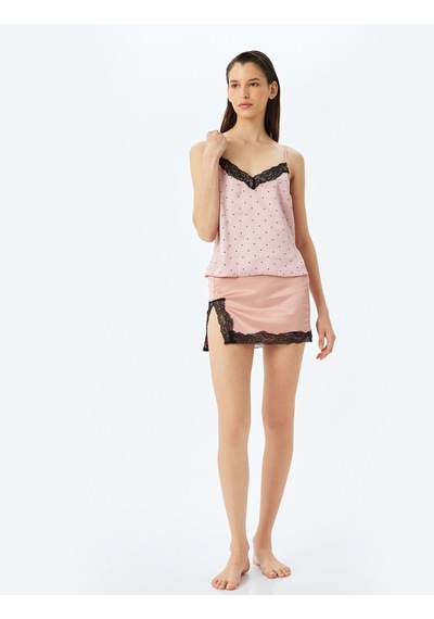 Koton Dantel Detaylı Mini Etek Saten Pijama Altı Pembe 5wlk80043mk Gül