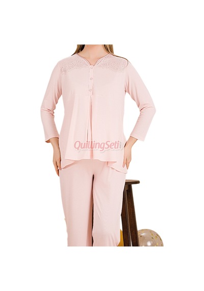Lady Bebe Pembe Renkli Dantel Detaylı, 33201 Uzun Kol, 2 Parça Lohusa Hamile Pijama Takımı Açık Pembe