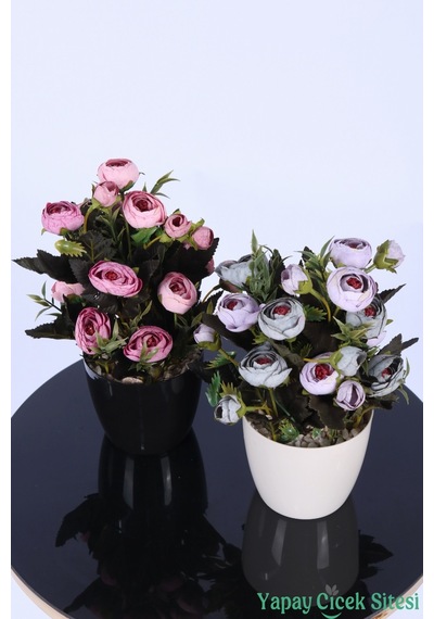 Yapay Çiçek Sitesi Plastik Saksıda Yapay Tomurcuklu Ranunkulus Tanzimi 2'li Set 30 Cm Pembe - Lila
