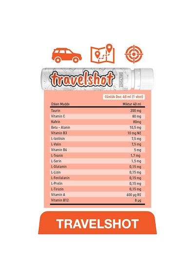 Travelshot Taurin, Kafein, Beta-alanin İçeren Gıda Takviyesi 12 Shot