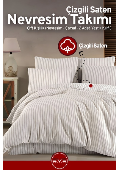 Saten Çizgili Çift Kişilik Lüks Nevresim Takımı Set 200x200 Cm Yeşil