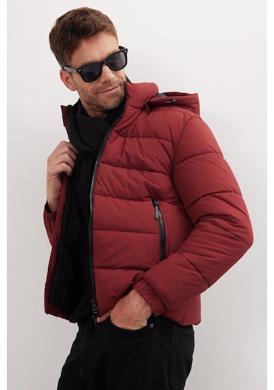 Tudors Erkek Relax Fit Rahat Kesim Çift Cepli Çıkarılabilir Kapüşonlu Sıcak Tutan Bordo Şişme Mont-41930 Bordo