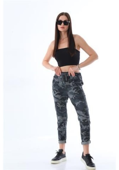 Eren Style Italyan Beli Bağlamalı Kamuflaj Desenli Dar Paça Pantolon-9078 Antrasit