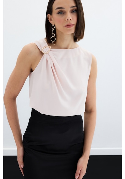Sateen Tek Omuz Detaylı Bluz - Pudra-136133 Pudra