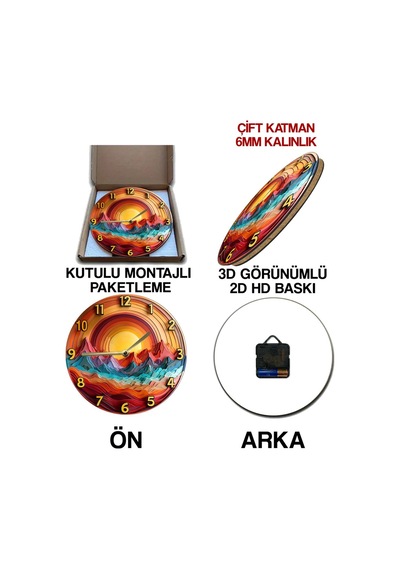 Gün Batımı Dağları - 3d Görünümlü Mdf Duvar Saati 33 Cm Sdw295 Renkli