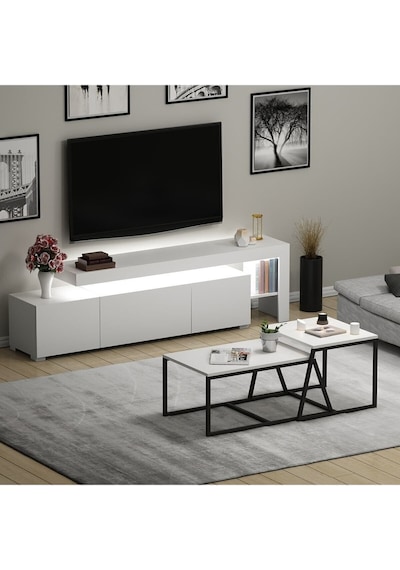 Beliz LED Işıklı TV Sehpası ve Minimal 2'li Orta Sehpa Takımı – Beyaz – Modern Oturma Odası Seti Beliz LED Işıklı TV Sehpası ve Minimal 2'li Orta Sehpa Takımı – Beyaz – Modern Oturma Odası Seti