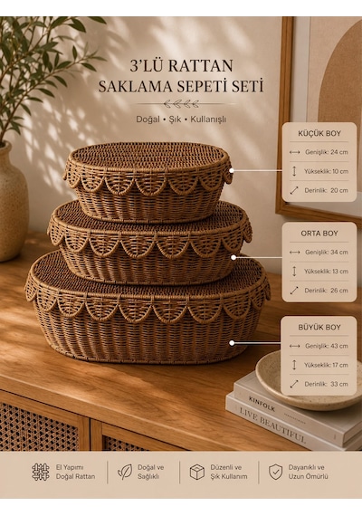 Morponi Dantel Kenarlı 3'lü Rattan Sepet - Kapaklı Hasır Düzenleyici Kutular & Dekoratif Kutusu Mn-1684 Sarı