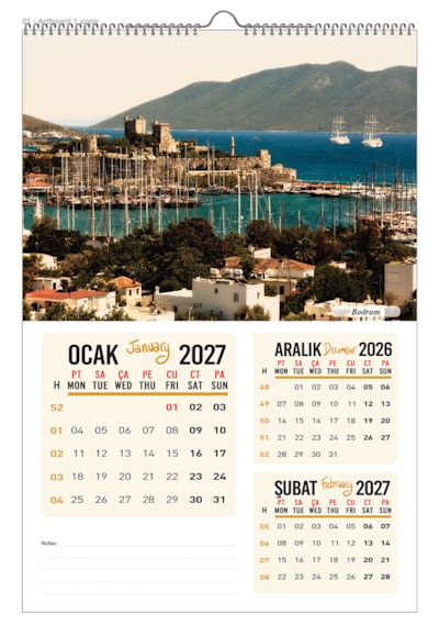 2027 Türkiye Manzaraları Duvar Takvimi 33x48 12 Sayfa Üstten Spiralli Ve Askılı Model1-3 Aylı