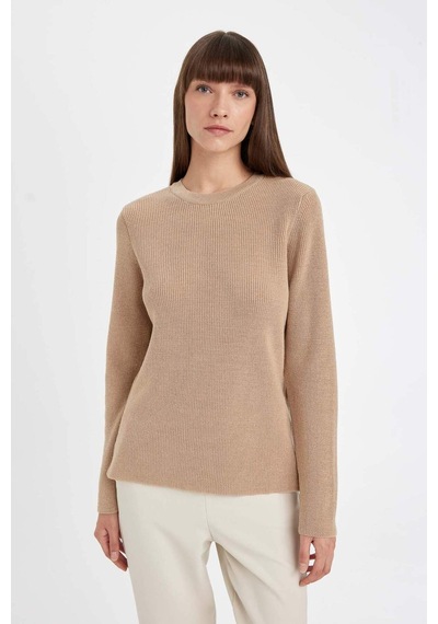 DeFacto Regular Fit Bisiklet Yaka Simli Kumaş Triko Kazak D0405AX24WNBG647 Bej