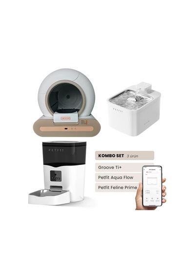Groove Ti+ Wi-fi Akıllı Kedi Tuvaleti Kahverengi - Petfit Aqua Flow Akıllı Su Pınarı + Petfit Feline Prime 3l Wi-fi Kameralı Akıllı Otomatik Mama Kabı Besleme Ünitesi Bundle