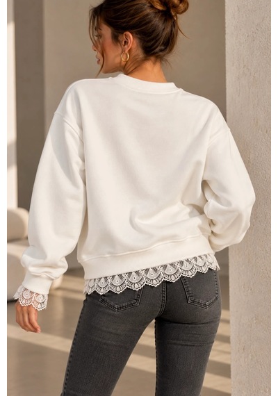 Bb Butik Basic Dantel Detaylı 3 İplik Şardonlu Kadın Sweatshirt My3535 beyaz