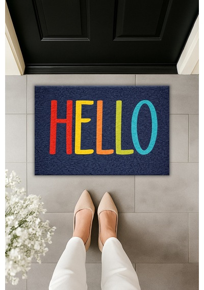 Rugmood Modern Dijital Baskı Paspas - Hello Yazılı Canlı Renkler - Kapı Önü Paspası Lacivert