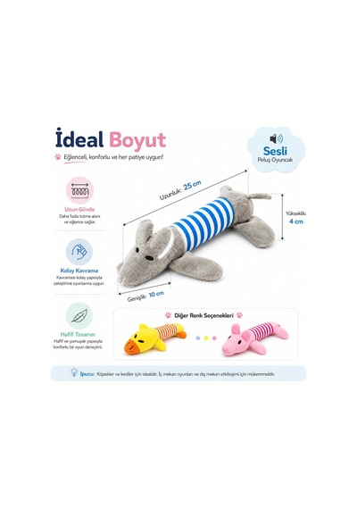 Sogud Peluş Fare Kedi Köpek Oyuncağı - 25 X 10 X 4 Cm - Gri Mavi