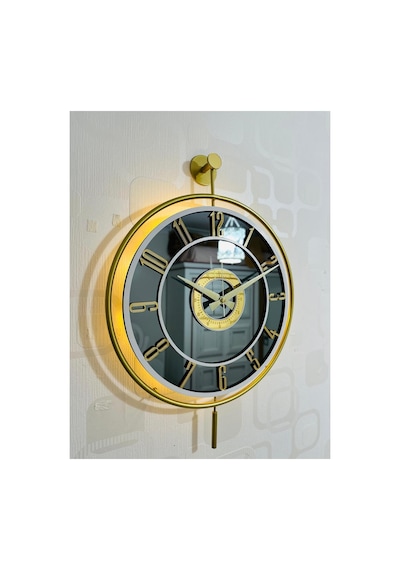 Pey Aksesuar Metal Camlı Duvar Saati 40x60 Cm Işıklı Gerçek Cam Duvar Saati Modern Tasarım Gold-füme-beyaz-gold