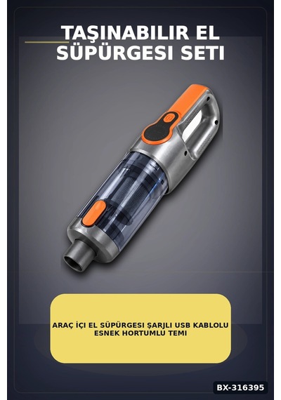 Araç İçi El Süpürgesi Şarjlı Usb Kablolu Esnek Hortumlu Temizlik Seti Bx-316395 Diğer