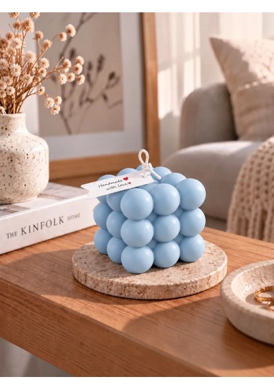 Mumelia Bubble Küp Doğal Soya Dekoratif Blok Mum - Büyük Boy - Açık Mavi