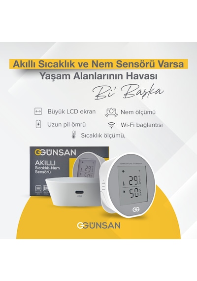 Günsan Akıllı Wifi Sıcaklık & Nem Sensörü + Akıllı Wifi Su Kaçağı Dedektörü Kablolu Tuya & Smart Life Uyumlu Beyaz