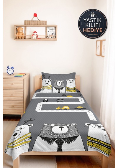 Evimde Bambaşka Ayı Ve Araba Çocuk Odası Tek Kişilik Pike Takımı - Sarı İskandinav 160x220  CM Kapitone Yatak Örtüsü