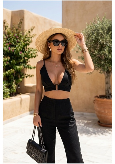 Fashion Cocktail Derin Geniş Göğüs Dekolteli Sexy Kare Metal Tokalı Dokulu Keten Seksi Sütyensiz Çamaşırsız Giyilen Crop Pantolon Tatil Yazlık Takım Set siyah
