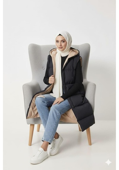 Hb Harma Time Butik Kadın Çift Taraflı Kapüşonlu Cepli Siyah-krem Yelek Siyah Siyah