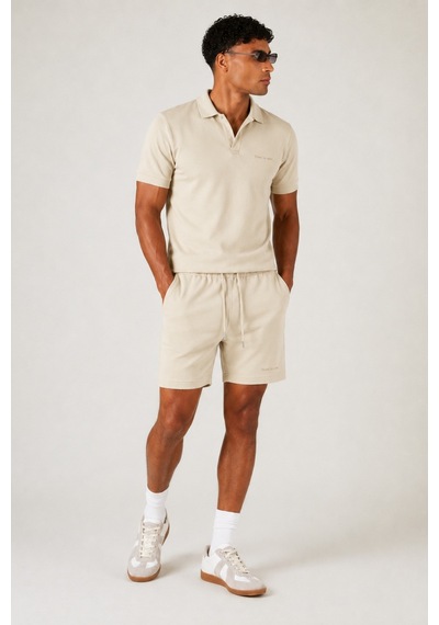 Erkek %100 Pamuk Polo Yaka Tişört Ve Şort Takım Slim Fit Yazlık 2'li Kombin Bej