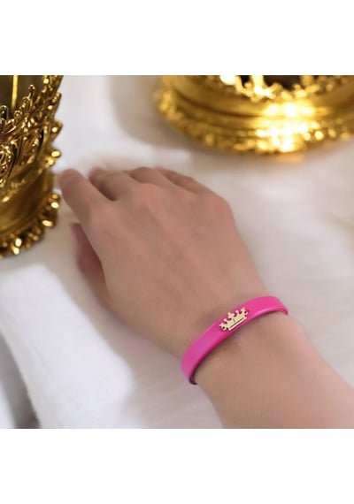 I Harfine Özel Taç Motifli 14 Ayar Altın Plakalı Doğal Pembe Derili Hediye Bileklik-495harf I