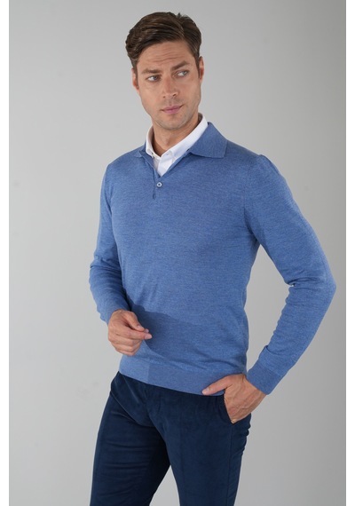 Bisse Indigo Düğmeli Polo Yaka Erkek Yün Triko Tr24k24201 D66 Indigo