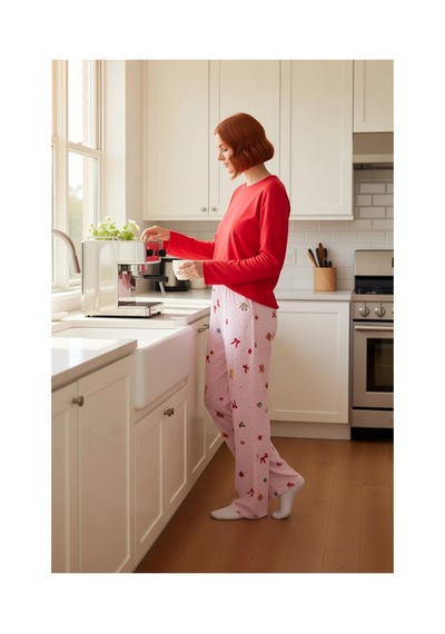 Ersefa Kadın Yılbaşı Desenli Pamuklu Pijama Takımı Fonksiyonel Dayanıklı Kırmızı - Ekru