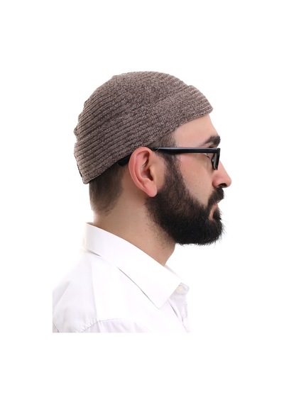 Kahverengi Katlamalı Sade Desen Kışlık Kadife Takke Şapka Kahverengi