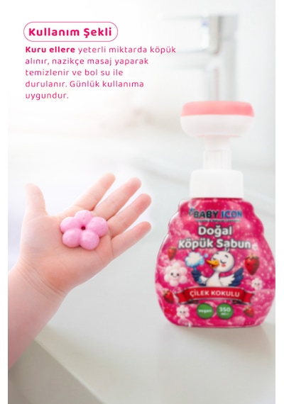 Baby Icon Doğal Çocuk Köpük El Sabunu 350 Ml Çilek Kokulu Lavanta Aynısefa Vegan Parabensiz Çiçek Şekilli Pembe Köpük