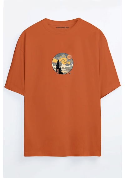 Yıldızlı Gece Tablosu Unisex Turuncu Oversize T-shirt Turuncu