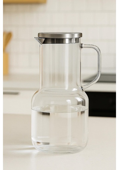 Isıya Dayanıklı Cam Sürahi 1.8 Litre Şeffaf Lüks Karaf Borosilikat Metal Silikon Kapaklı