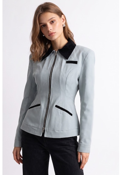 Mixray 2226 Kadın Astarlı Fileto Cepli Çift Fermuar Slim Fit Ceket Buz Mavisi