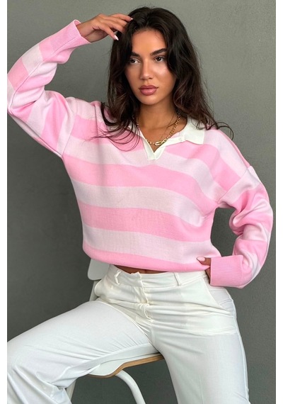 Madmext Pembe Çizgili Polo Yaka Kadın Kazak Mg2882