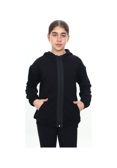 Toontoy Kız Çocuk Kapüşonlu Şerit Fermuar Detaylı Cepli Düşük Omuz Örme Hırka - 3 İplik Şardonsuz Siyah
