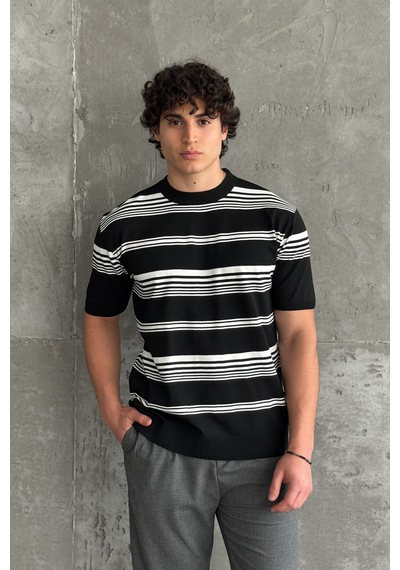 Erkek Bisiklet Yaka Oversize Çizgili Triko T-shirt Siyah