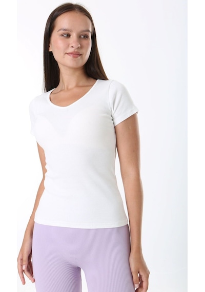 Rooted-kadın Basic V Yaka T-shirt ,fitilli Kaşkorse Kumaş Bluz BEYAZ