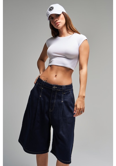 it's basic Kadın İndigo Renk 7s5-50 Skater Fit Maxi Boy Bol Kesim %100 Koton Denim Bermuda Şort