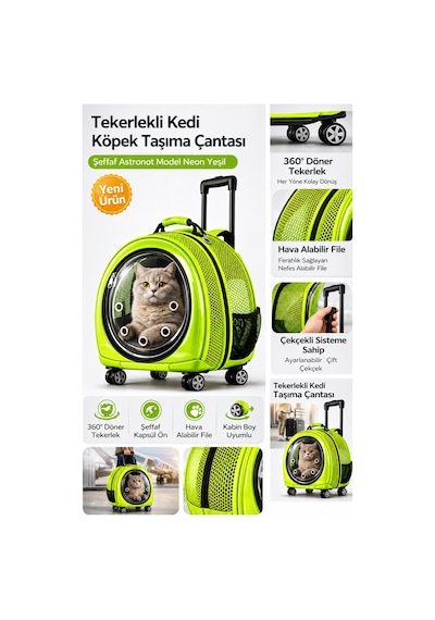 Jumbo Fileli Tekerlekli Kedi Köpek Taşıma Çantası 45 X 50 X 27 Cm Neon Yeşil 15 Kg