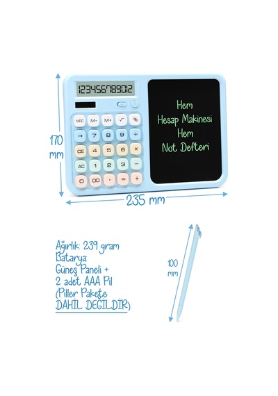Lcd Ekran Yazı Tahtalı Hesap Makinesi 12 Haneli Tabletli Hesap Makinesi Pastel Mavi