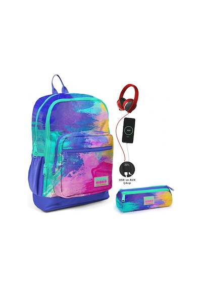 Coral High Renkli Airbrush Usb Soketli Okul Çantası Ve Kalemlik Seti - Kız Çocuk