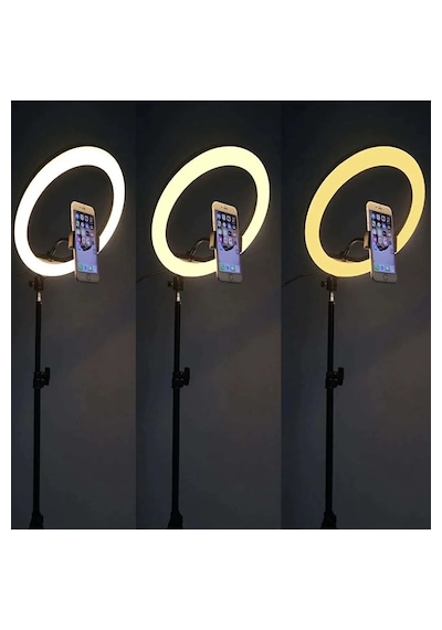3 Renkli Led Ring Light 26 Cm 10 İnç Bluetooth Kumandalı 2.1m Tripot Youtube Tiktok Make Up Çekim Işığı Siyah