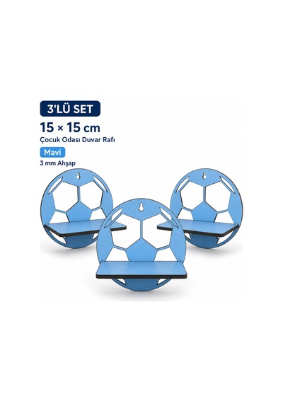 Arliadesign 3 Lü Futbol Topu Figürlü Ahşap Duvar Süsü 15x15 Cm Mavi Çocuk Odası Dekoru