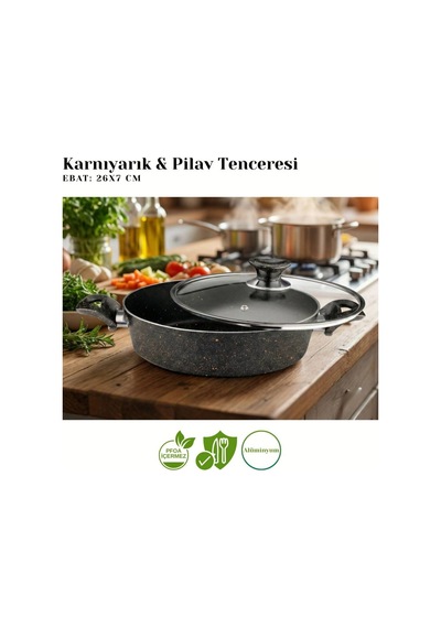 26 Cm Granit Karnıyarık & Pilav Tenceresi Cam Kapak - Siyah Siyah