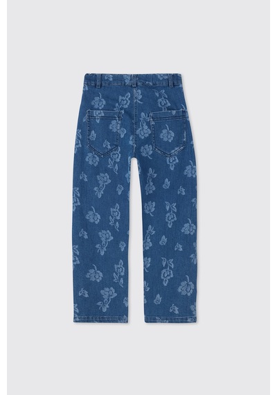 Panço Kız Çocuk Çiçek Desenli İndigo Kot Pantolon Mavi